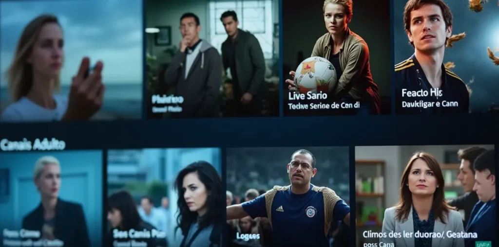 Smart TV ligada com interface moderna exibindo categorias de canais smart iptv, incluindo filmes, esportes e séries, com navegação simples e conteúdo em alta qualidade.