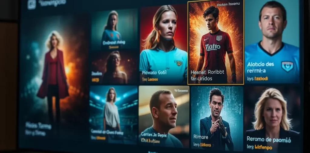 Tela inicial de aplicativo IPTV em uma Smart TV, mostrando canais smart iptv organizados por idioma e gênero, ideal para uso doméstico com controle remoto intuitivo.